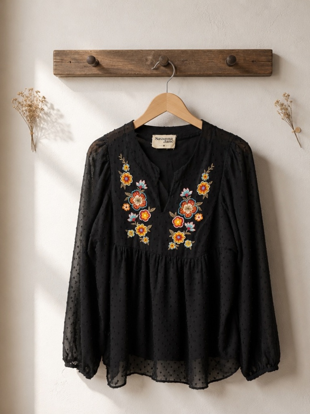 Savanna Jane Black Floral Embroidered V-Neck Peasant Blouse